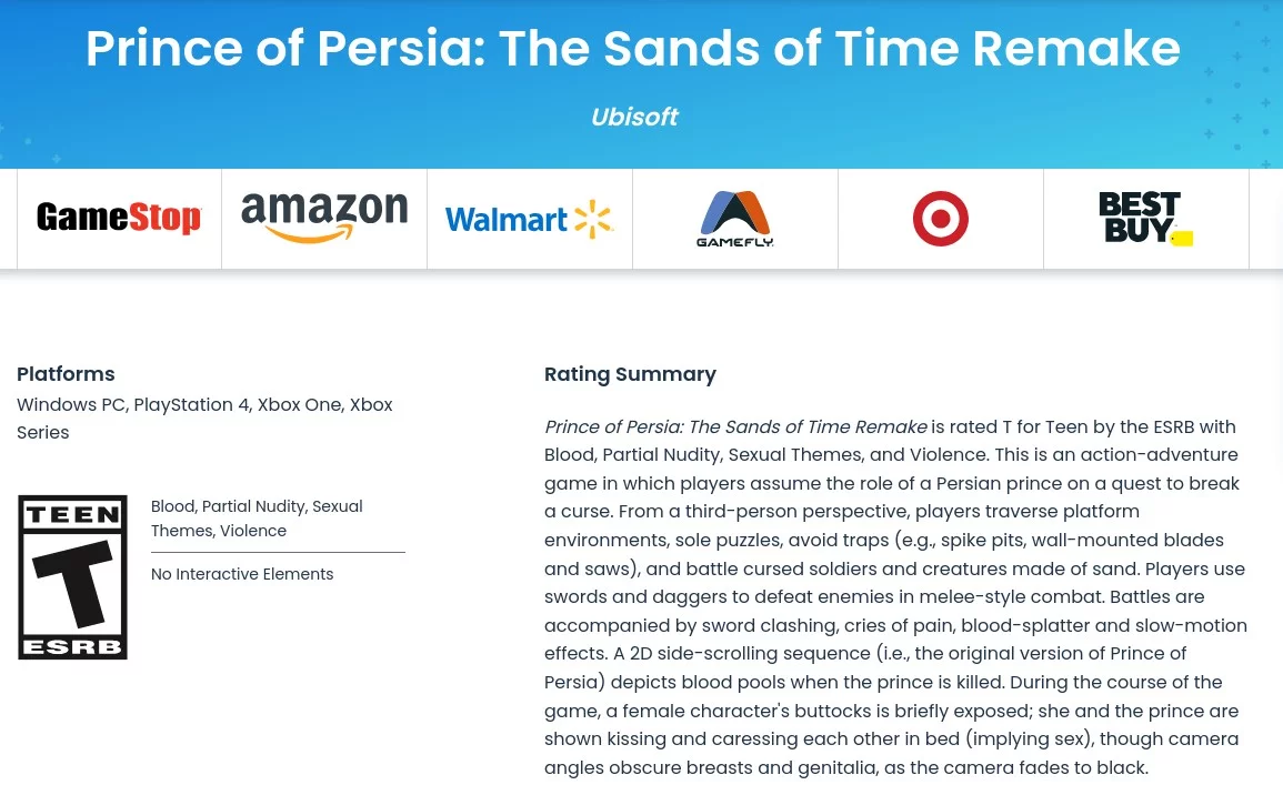 Ремейк Prince of Persia: The Sands of Time получил возрастной рейтинг ESRB